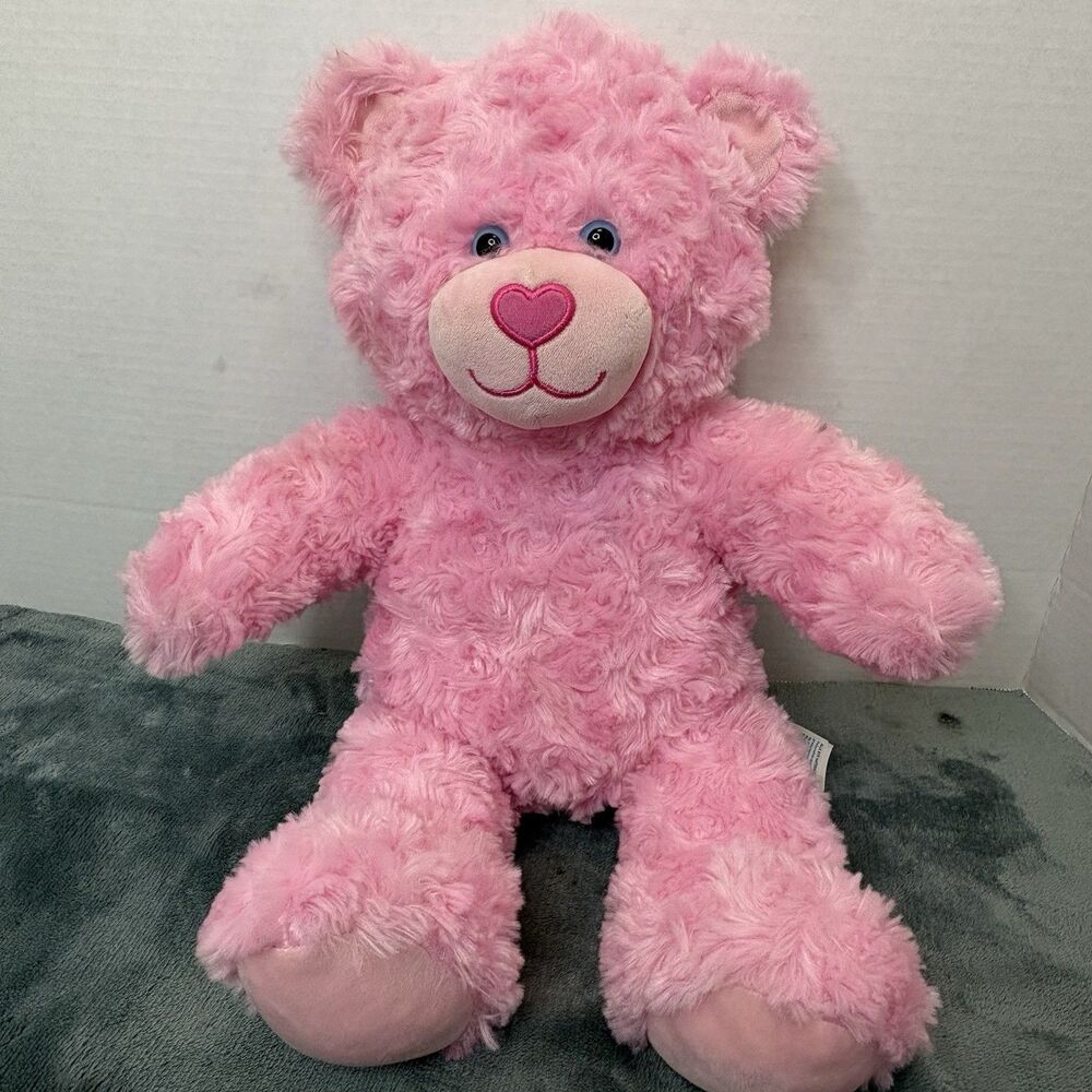 Build A Bear Pink Teddy Bear 16” Plush Stuffed Animal Toy Blue Eyes Heart Nose